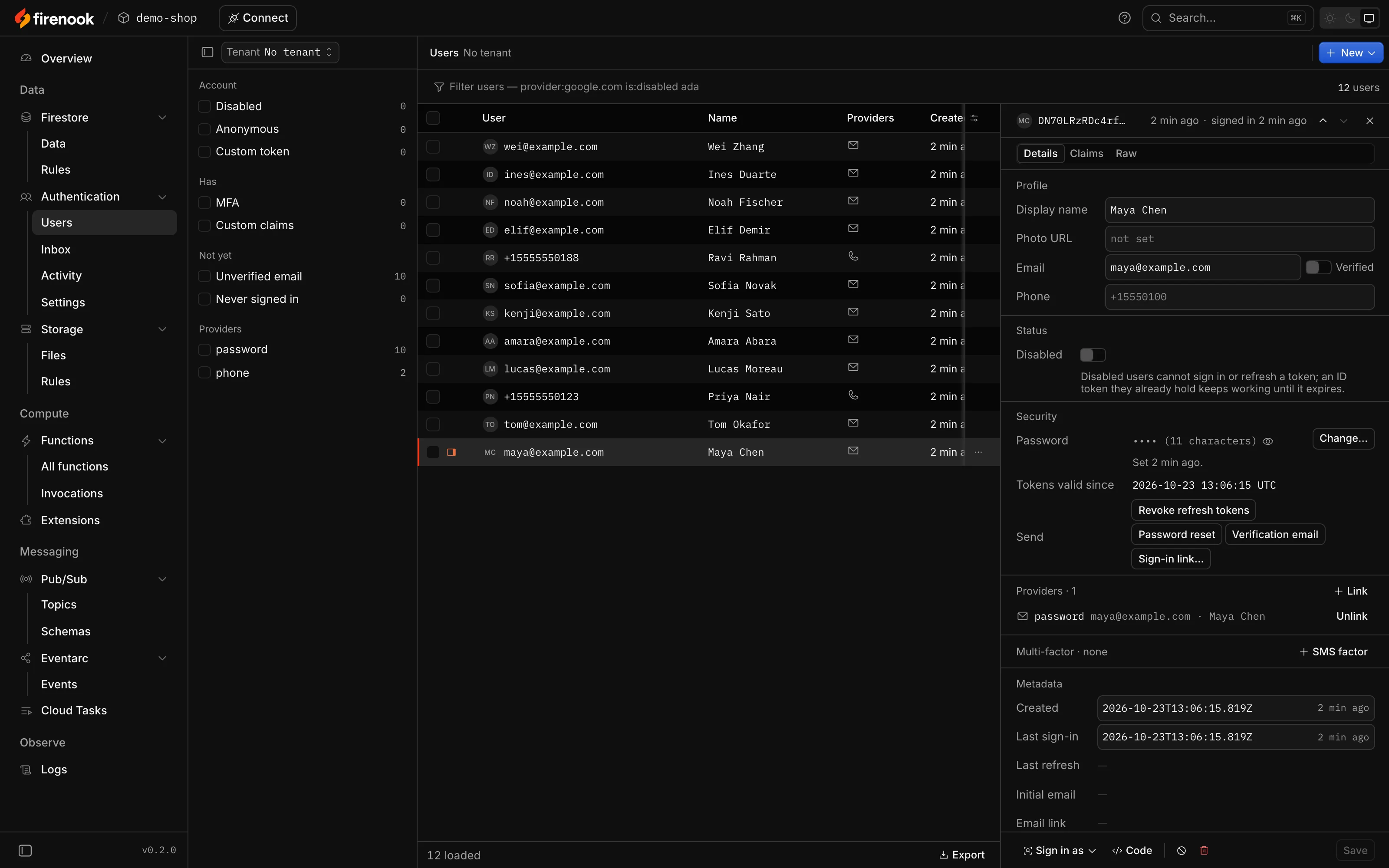 Authentication: a list of users with filters, one open with its profile, security and providers