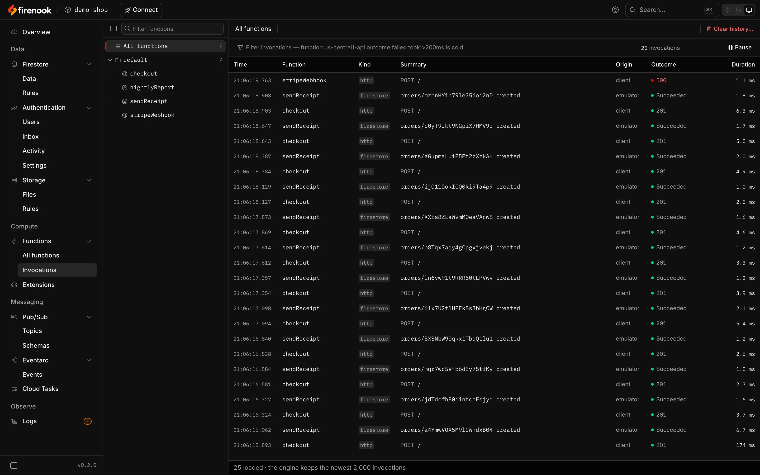 The console’s function calls: every call with its time, function, trigger, summary, outcome and duration, one of them a 500