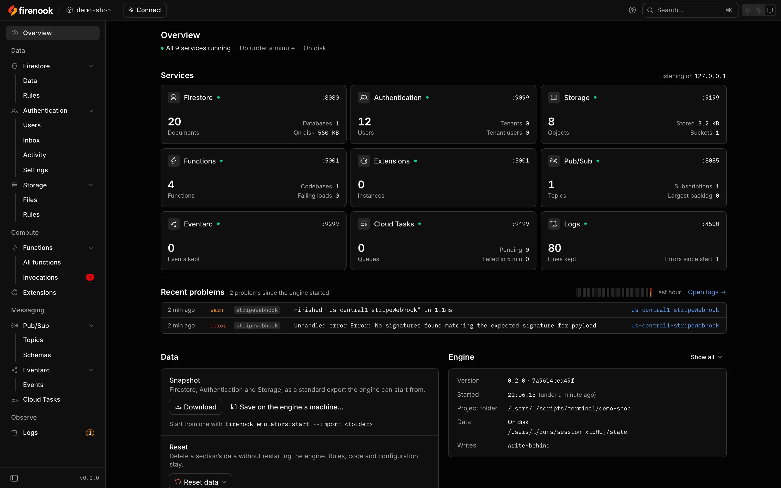 The console’s Overview: all nine services running, with their ports and counts